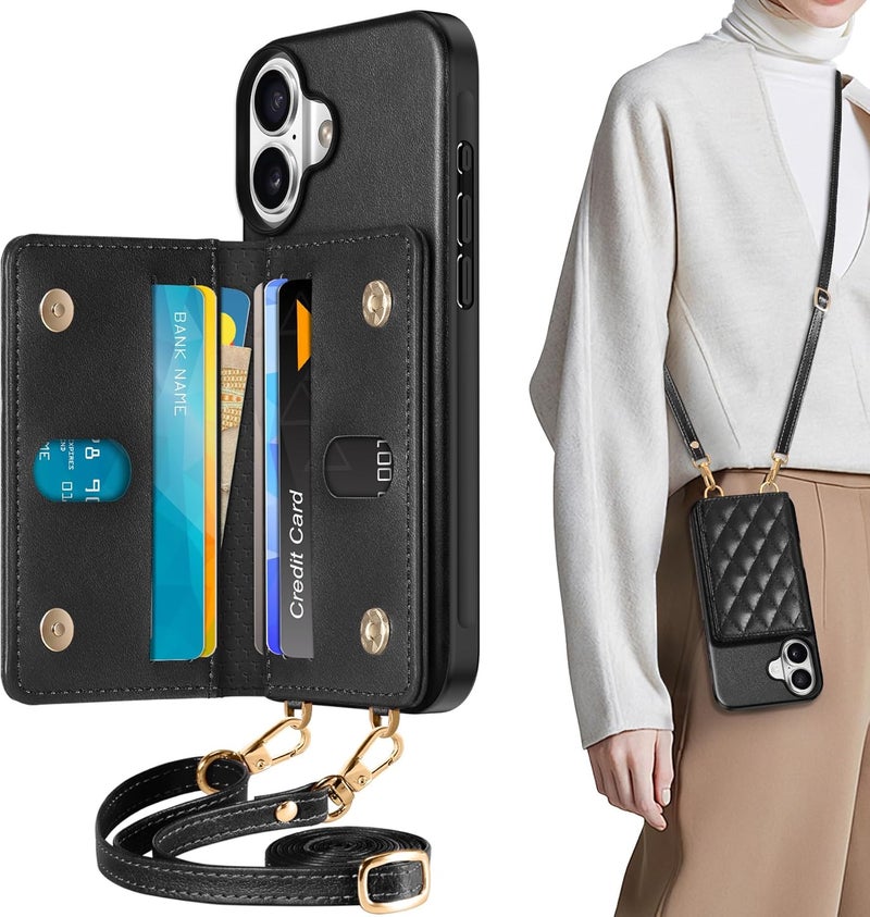 TUCCH Case for iPhone 16 (6.1") with Adjustable Strap, Magnetic Closure Folio Wallet Case with RFID Blocking [6 Card Holders] [Removable Crossbody Lanyard], Shockproof PU Leather Cover, Argyle Black - Image 1